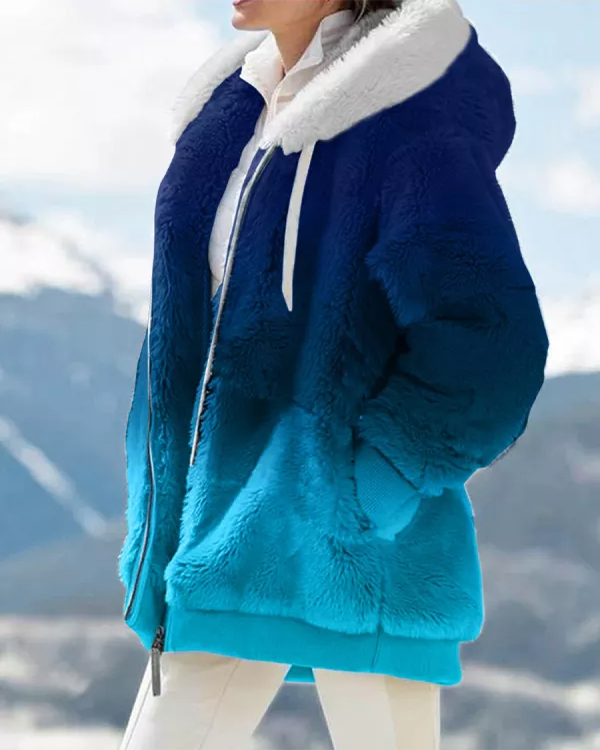 Warm Plush Gradient Zip Pocket Hooded Oversized Coat
