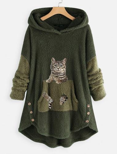 Women's Plus Size Tops Animal Cat Print Teddy Hoodie Sweatshirt