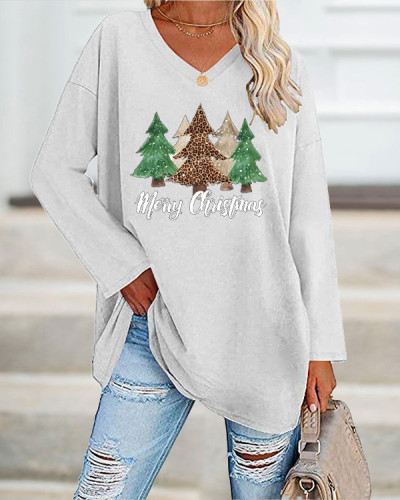 Women's Merry And Bright Christmas Tree🎄 Print Casual Long-Sleeve T-Shirt