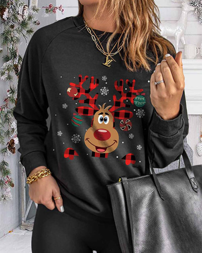 Christmas Plaid Cartoon Elk Print Sweatshirt