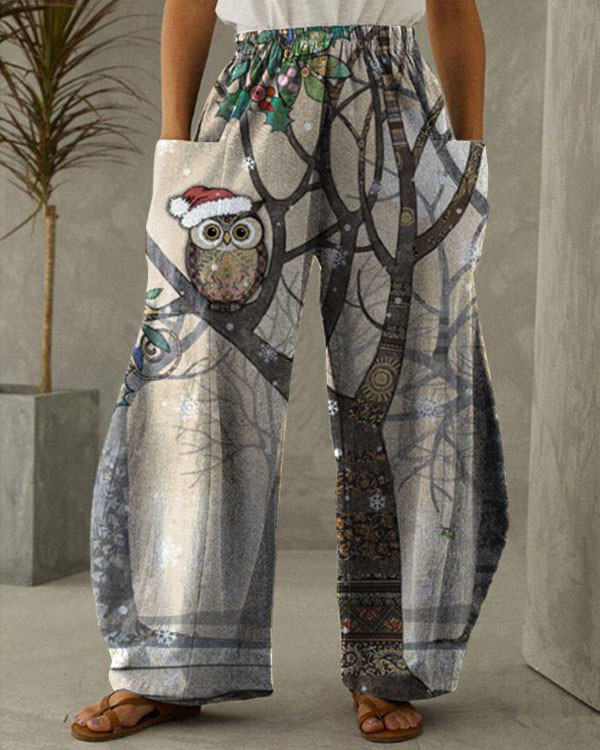 Santa Owl Cat Cozy Wide Leg Pants