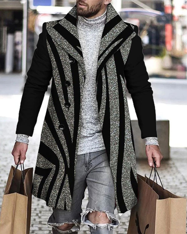 Men's Striped Casual Long Sleeve Mid Length Cardigan Trench Coat