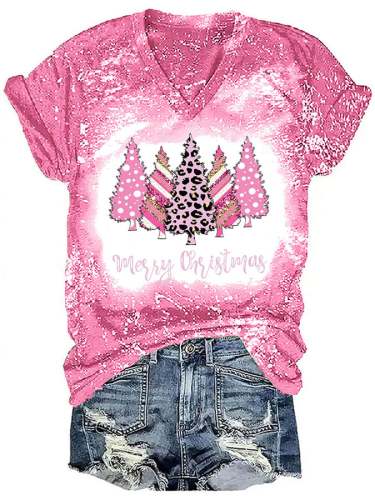 Women's Pink Christmas Tree Print Casual T-Shirt