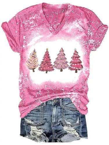 Women's Pink Christmas Tree Print Casual T-Shirt