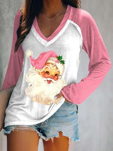 Christmas Retro Pink Santa Print Long Sleeve T-Shirt