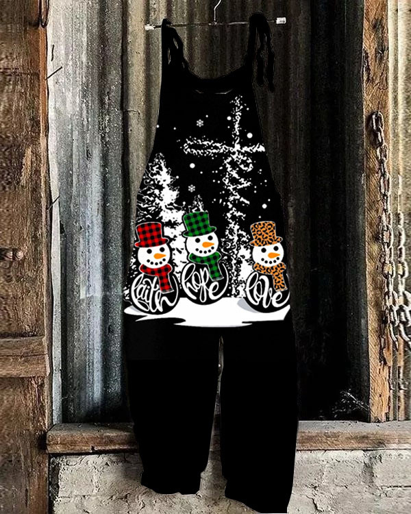 Christmas Cross Faith Snowflake Cat Print Casual Jumpsuit