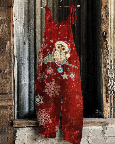 Red Snowflake Cat Owl Print Casual Jumpsuit