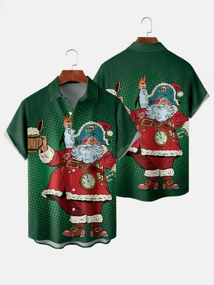 Christmas Elements Pirate Santa Claus Printing Men's Short Sleeve Shirt