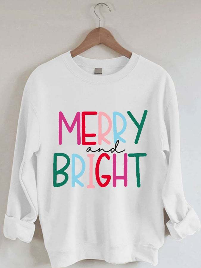 Women's Pink Merry And Bright Christmas Print Casual Sweatshirt