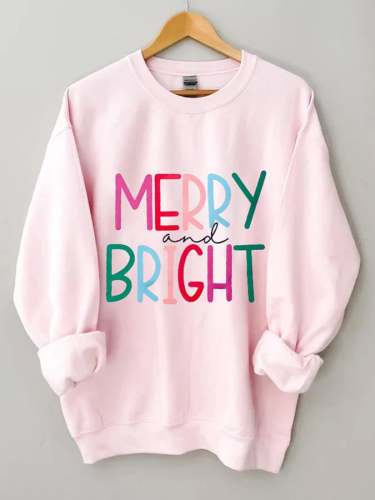 Women's Pink Merry And Bright Christmas Print Casual Sweatshirt