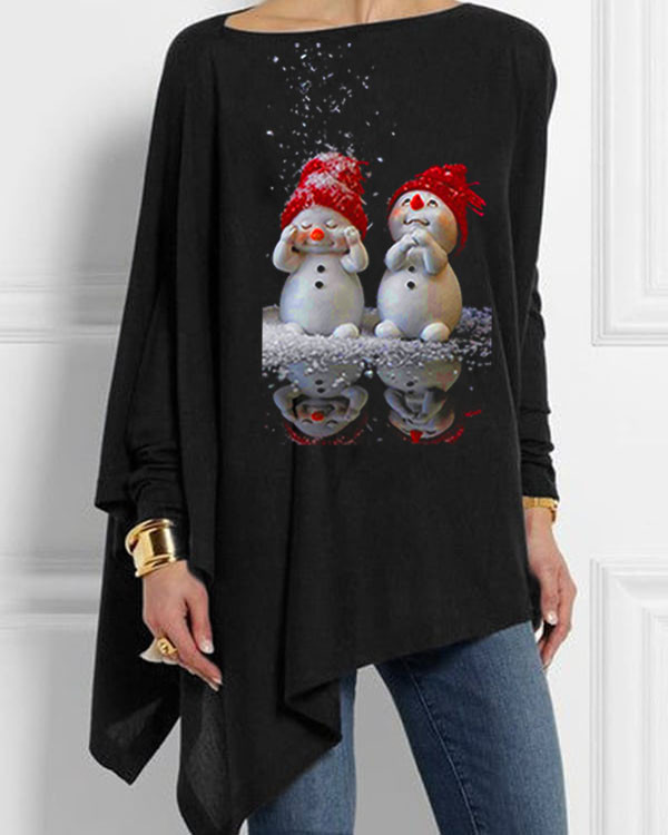 Snowman Print Casual Irregular Top