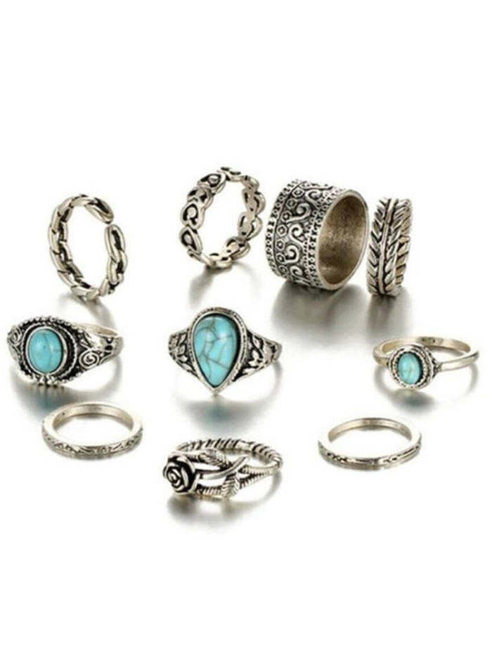 Wisherryy Vintage Totem Flower Turquoise 10-piece Joint Combination Ring