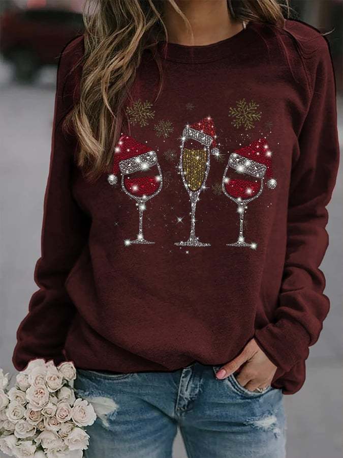 Women's Christmas Red Wine Glass Print Sweatshirt