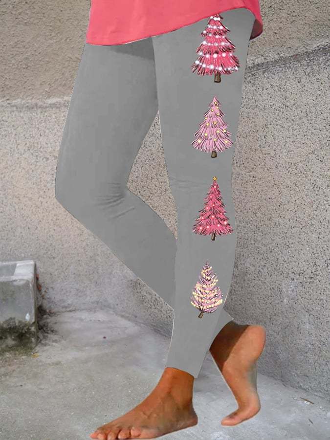 Women's Pink Christmas Tree Print Leggings