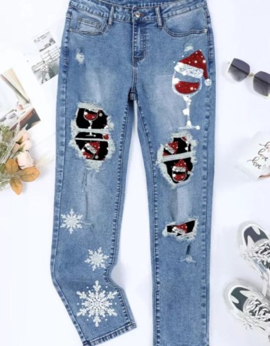 Christmas Wine Glass Print Loose Casual Pants