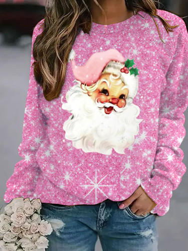 Women's Pink Christmas Santa Print Loose Sweatshirt