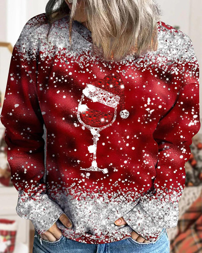 Christmas Wine Glass Print Casual sweatshirt