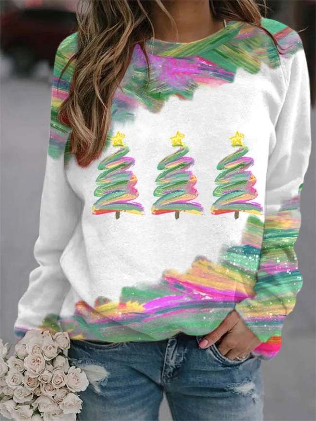 Women's Christmas Tree Baseball Print Long Sleeve Top