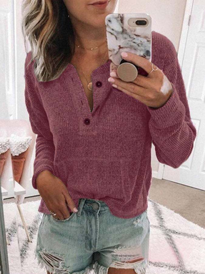 Women's Solid Button Long Sleeve T-Shirt