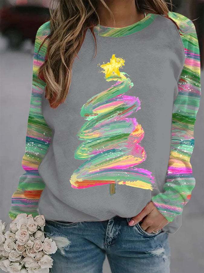 Women's Oil Painting Christmas Tree Print Long Sleeve Top