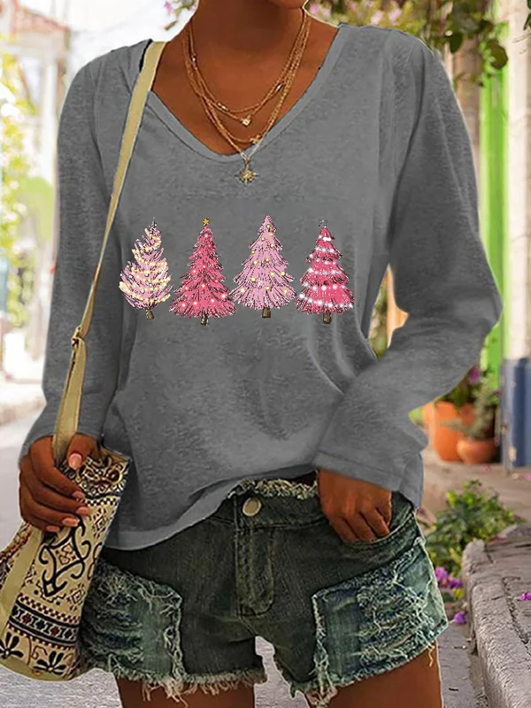 🔥Pink Christmas Tree Print V-Neck Long Sleeve T-Shirt