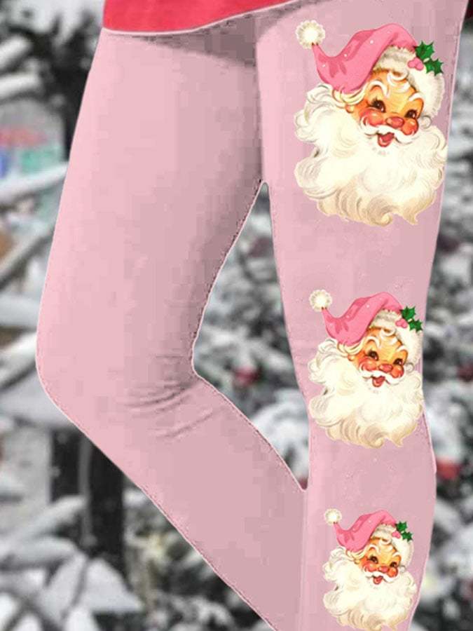 Christmas Retro Pink Santa Print Leggings