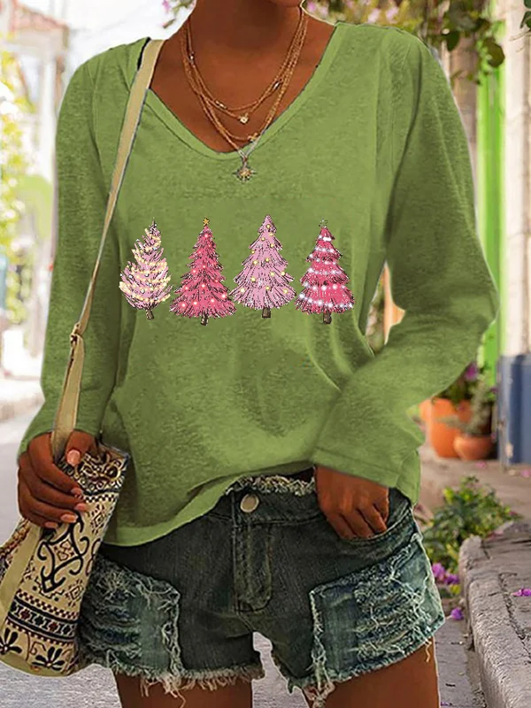 🔥Pink Christmas Tree Print V-Neck Long Sleeve T-Shirt