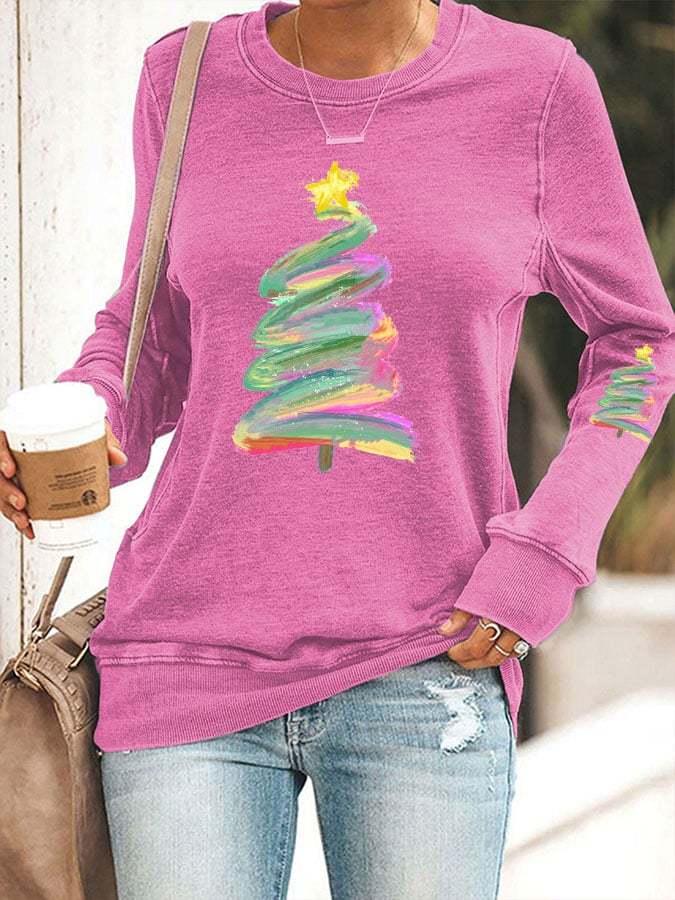 Oil Painting Christmas Tree Print Sweatshirt