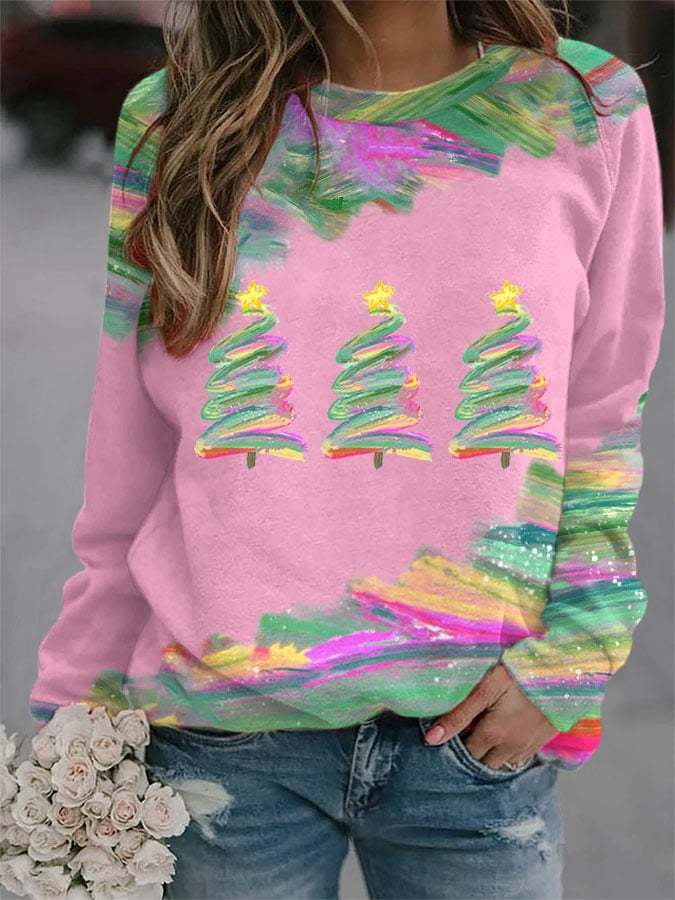 Women's Christmas Tree Baseball Print Long Sleeve Top