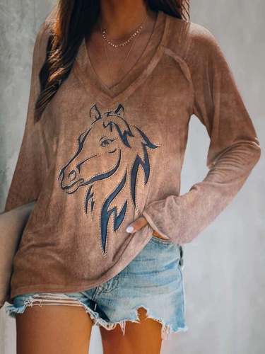 Western Horse Print V-Neck Long Sleeve T-Shirt