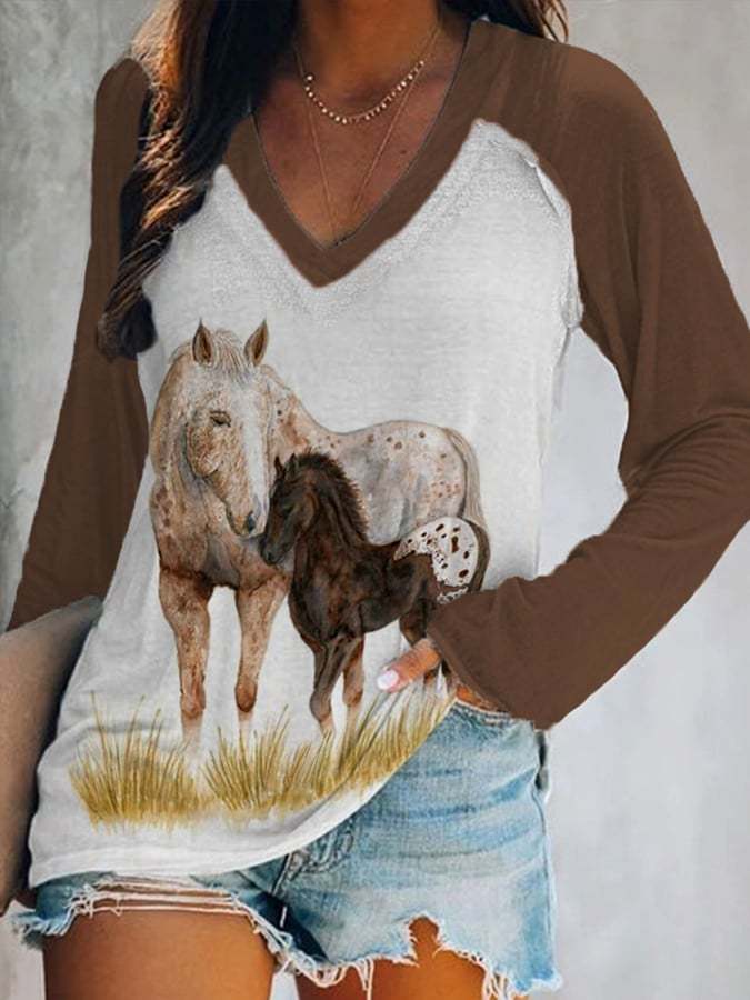Women's Western Horse And Baby Print Casual V-Neck Long-Sleeve T-Shirt