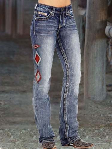 Washed Embroidered Pockets Bootcut Riding Jeans