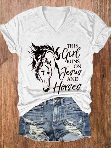 Women's This Girl Runs On Jesus And Horses Printed Casual V-Neck Tee