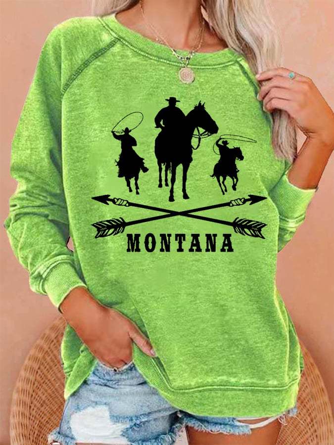 Women's Western Montana Print Casual Crewneck Sweatshirt