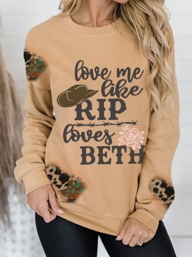 Women's Western Denim Love Me Like Rip Loves Beth Leopard Patch Print Sweatshirt
