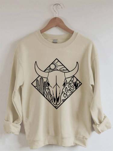 Women's Western Cow Skull Desert Casual Sweatshirt