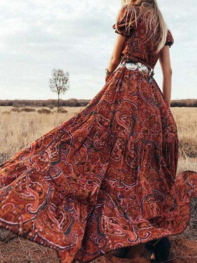 Vintage Print V-Neck Dress