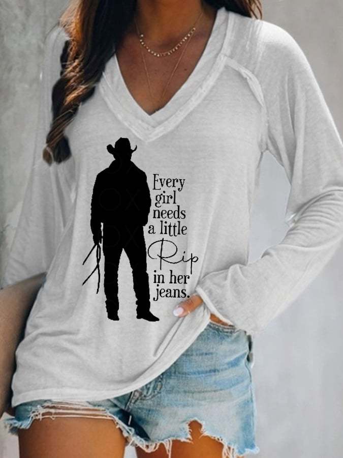 Women's Every Girl Needs a Little Rip Beth Dutton Casual V-Neck Long-Sleeve T-Shirt