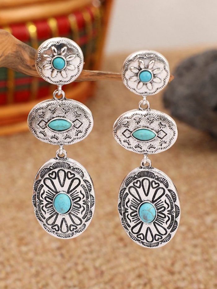 Western Cowboy Retro Turquoise Ethnic Exaggerated Alloy Earrings