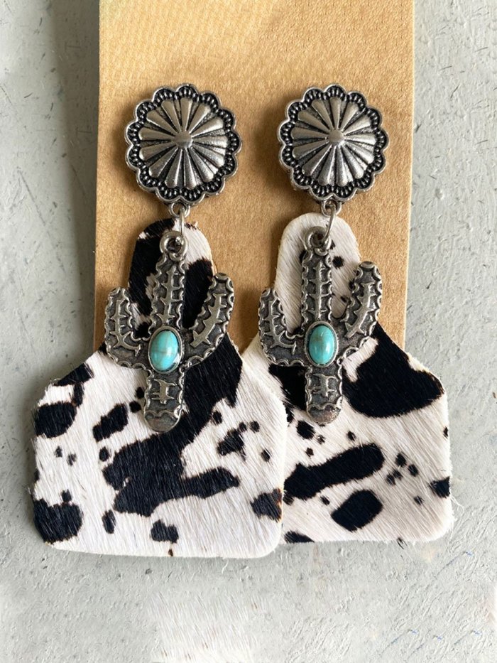 Western Cowboy Animal Print Leather Turquoise Earrings