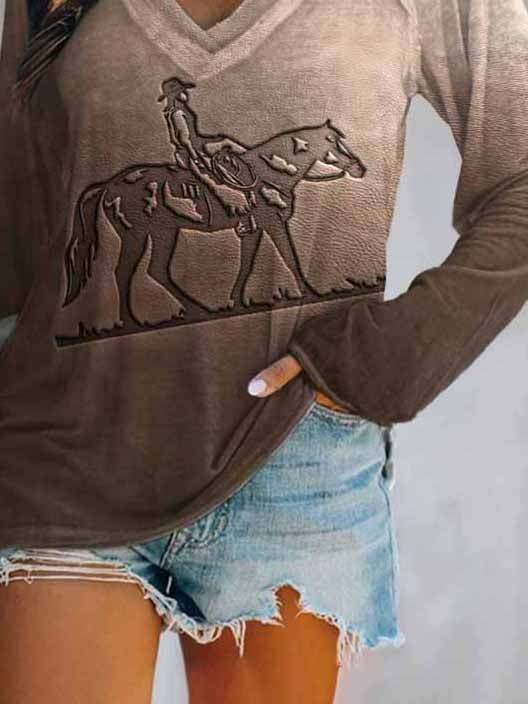 Western Horse Print V-Neck Long Sleeve T-Shirt