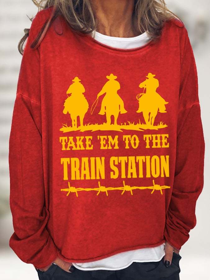 Women's Take 'Em To The Train Station Cawboy Silhouette Casual Long-Sleeve T-Shirt
