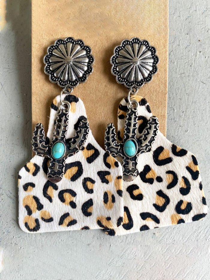 Western Cowboy Animal Print Leather Turquoise Earrings