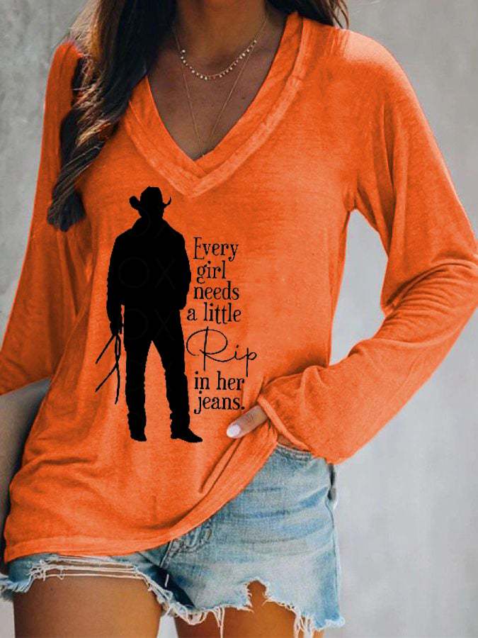 Women's Every Girl Needs a Little Rip Beth Dutton Casual V-Neck Long-Sleeve T-Shirt