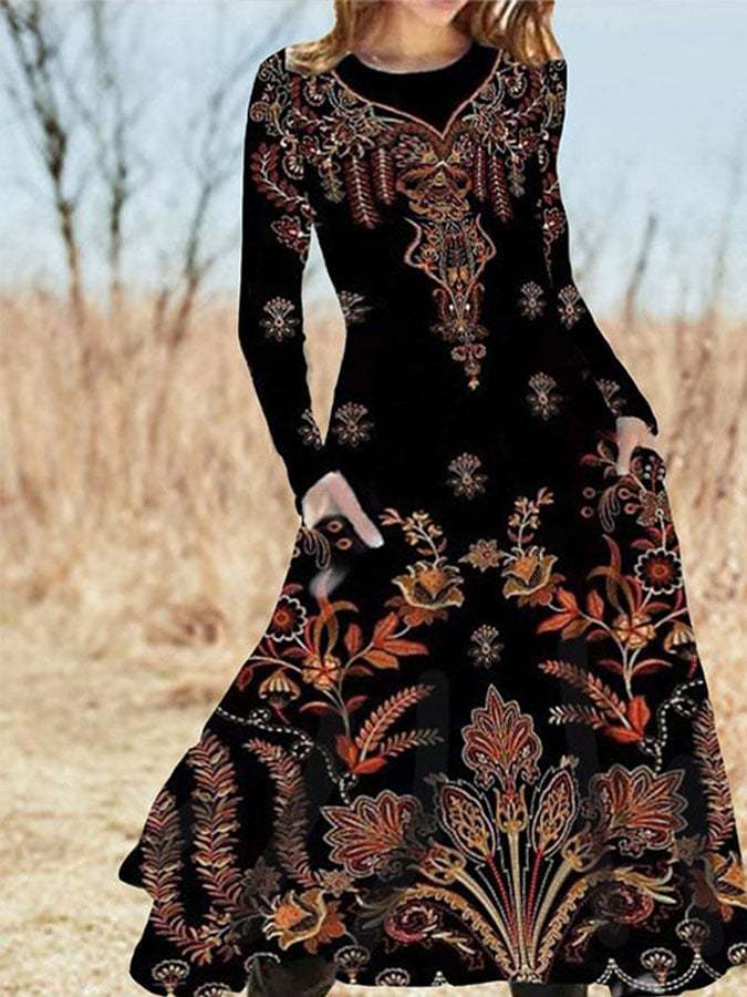 Vintage Ethnic Print Long Sleeve Dress