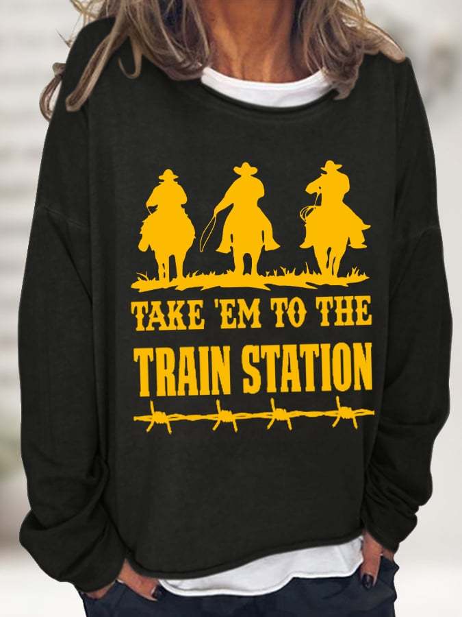 Women's Take 'Em To The Train Station Cawboy Silhouette Casual Long-Sleeve T-Shirt