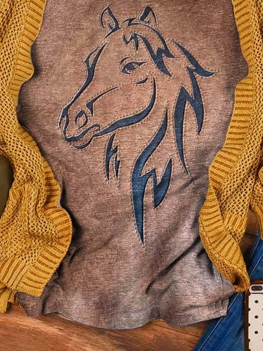 Women's Western Horse Print Casual T-Shirt