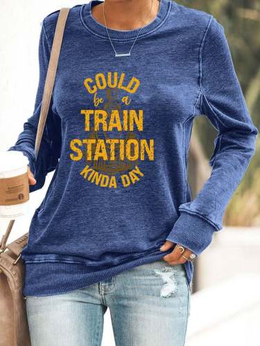 Women's Could Be A Train Station Print Casual Crew Neck Sweatshirt