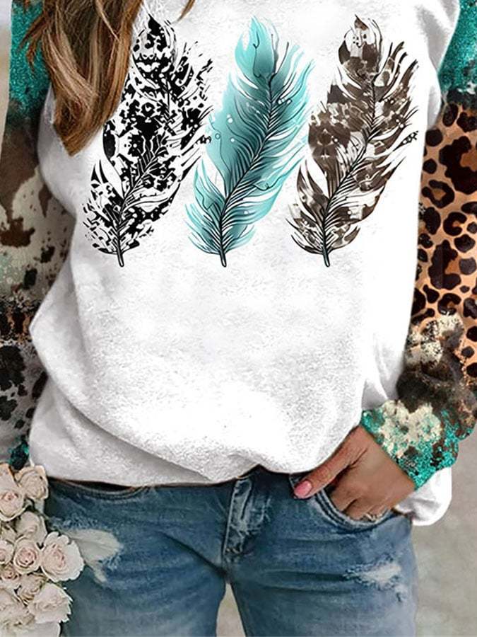 Cowhide And Turquoise Feather Long Sleeve Swearshirt