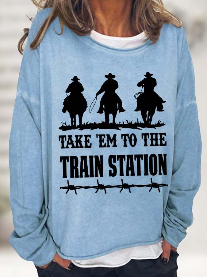 Women's Take 'Em To The Train Station Cawboy Silhouette Casual Long-Sleeve T-Shirt